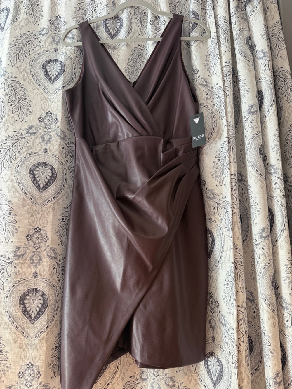 GUESS Brown Faux Leather Sleeveless Wrap Mini Dress